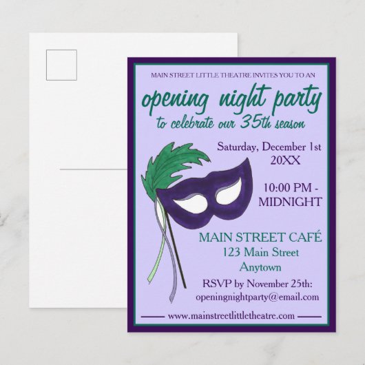 Openingsavond Drama Club Maskerade Masker Party Uitnodiging Briefkaart (Voorkant / Achterkant)