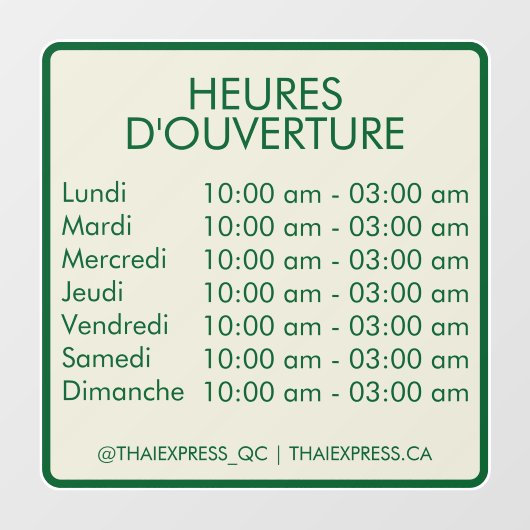 Openingstijden - 4x4 - Frans Raamsticker (Vel)