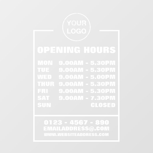 Openingstijden bedrijf, informatie en logo raamsticker (Vel)
