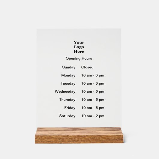 Openingstijden Bedrijfsuren van verrichting en Log Acryl Bord (Voorkant)