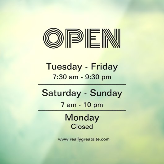 Openingstijden Black Script Transparant Raamsticker (Vel 3)