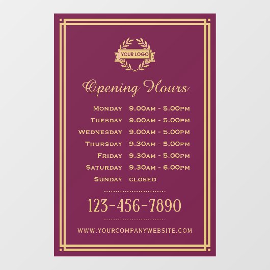 Openingstijden Classic Business Logo Plum Raamsticker (Vel)