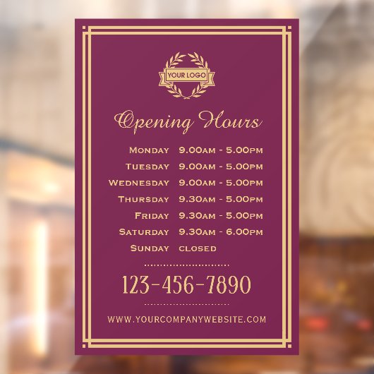 Openingstijden Classic Business Logo Plum Raamsticker (Vel 2)