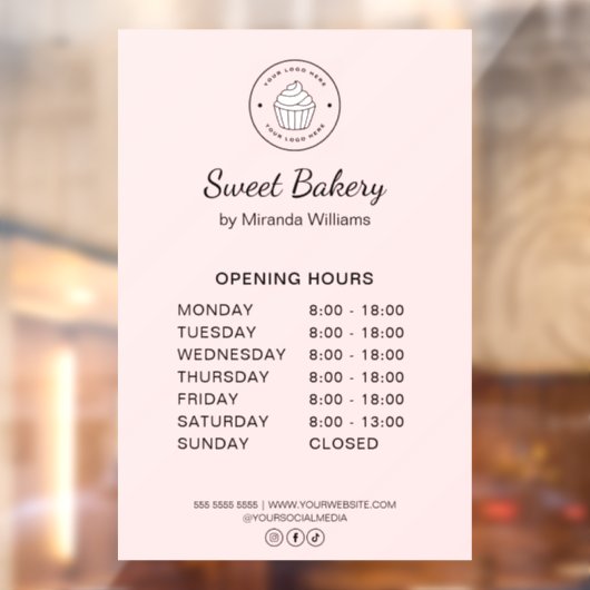 Openingstijden Eigen Logo Roze Bakkerij Bedrijf Raamsticker (Vel 2)