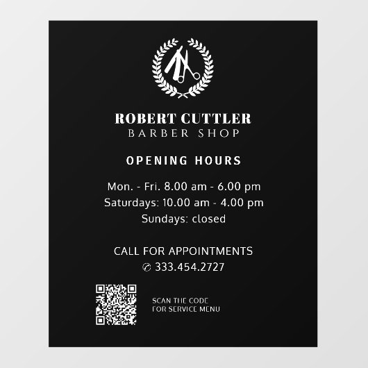 Openingstijden herensalon aangepast logo QR CODE Raamsticker (Vel)