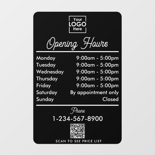 Openingstijden Logo White Black Script Raamsticker (Vel)