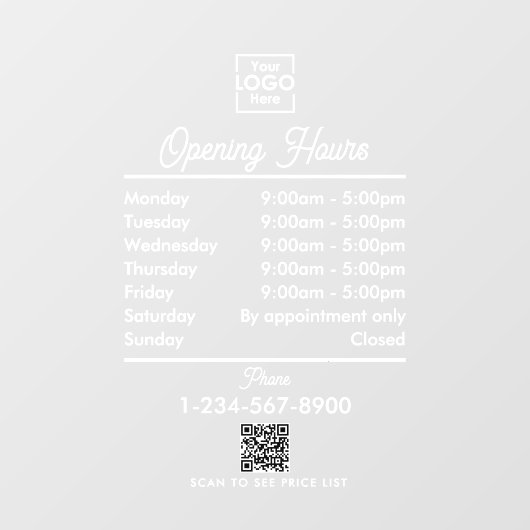 Openingstijden Logo White Script Simple Raamsticker (Vel)
