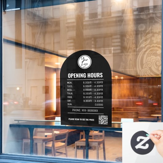 Openingstijden met QR-code en zwarte boog Raamsticker (Cafe Raam)