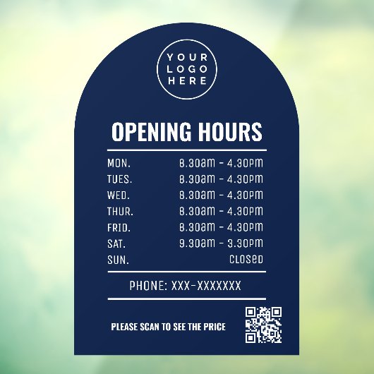 Openingstijden met QR code Logo en marineblauwe bo Raamsticker (Vel 3)