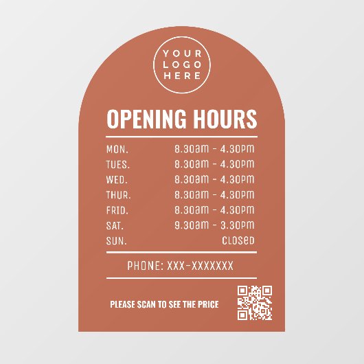 Openingstijden met QR-code Logo Terracotta Arch Raamsticker (Vel)