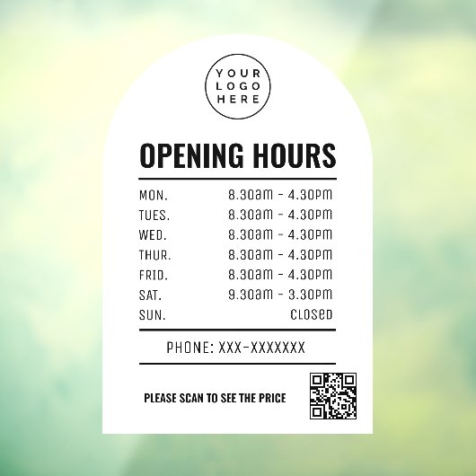 OpeningsTijden Met Qr Code Logo Witte Boog  Raamsticker (Vel 3)