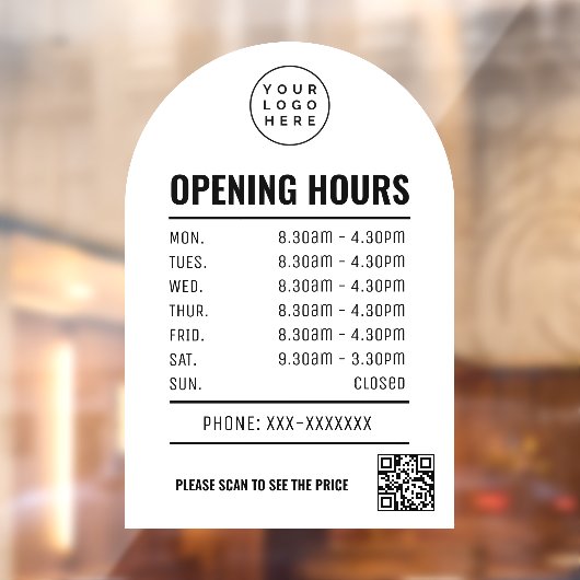 OpeningsTijden Met Qr Code Logo Witte Boog  Raamsticker (Vel 2)