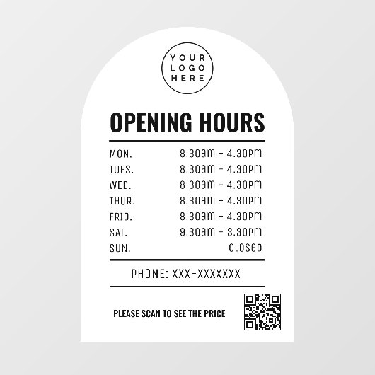 Openingstijden Met Qr Code Logo Witte Boog Raamsticker (Vel)