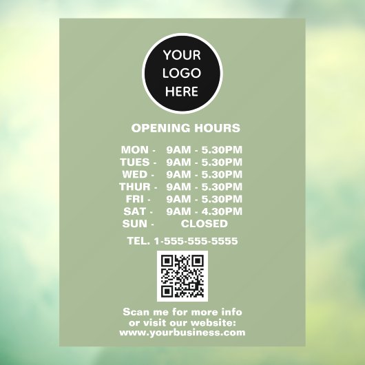 Openingstijden Sage Green Zakelijk Logo QR Code  Raamsticker (Vel 3)