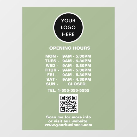 Openingstijden Sage Green Zakelijk Logo QR Code  Raamsticker (Vel)