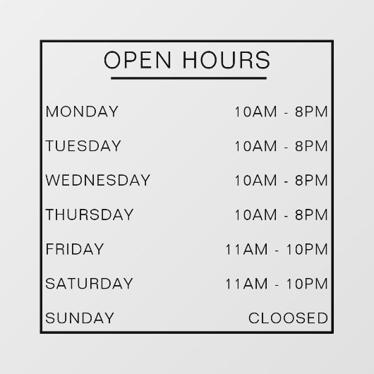 Openingstijden Store Front Store Business Hour Raamsticker (Vel)