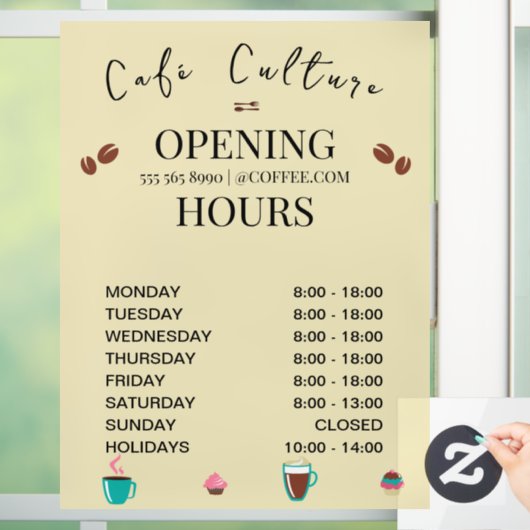 Openingstijden van koffiezaak raamsticker (Huis)