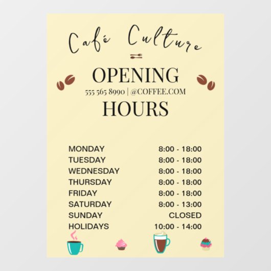 Openingstijden van koffiezaak raamsticker (Vel)