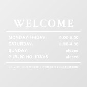 Openingstijden welkom witte tekst transparant raamsticker (Vel)