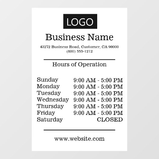 Openingstijden Witte Logo Urinoir Raamsticker (Vel)