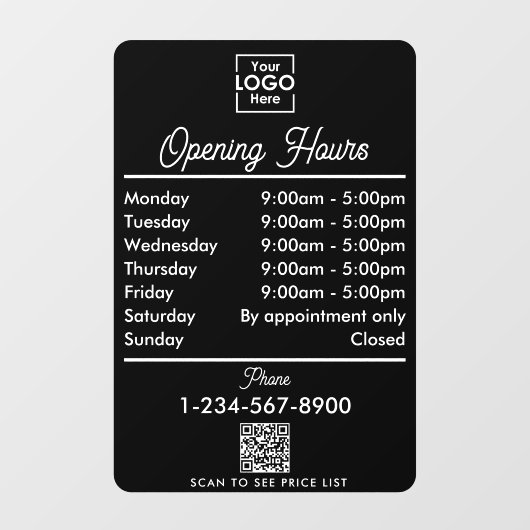 Openingstijden Zakelijk Logo Wit Zwart Script Raamsticker (Vel)