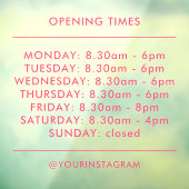 Openingstijden zakelijk modern minimalistisch roze raamsticker (Vel 3)