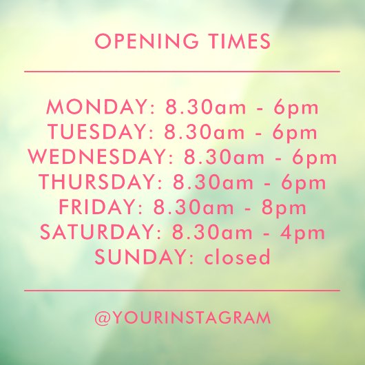 Openingstijden zakelijk modern minimalistisch roze raamsticker (Vel 3)