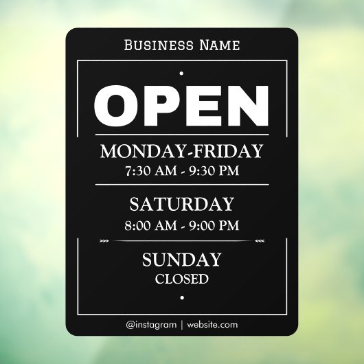 Openingstijden | Zakelijke openingstijden Zwart Raamsticker (Vel 3)