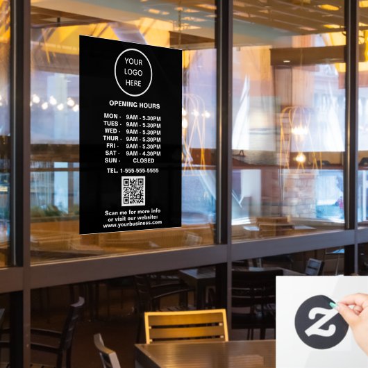 Openingstijden Zwart Bedrijfslogo QR-code Raamsticker (Restaurant Raam)