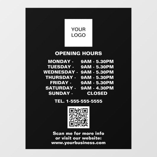Openingstijden Zwarte Business Logo QR Code Raamsticker (Vel)