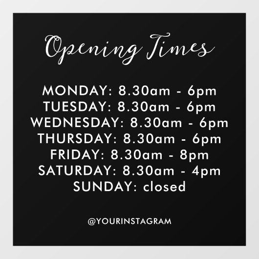 Openingsuren bedrijf zwart modern minimalistisch raamsticker (Vel)