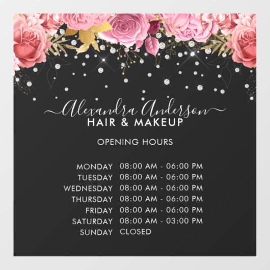 Openingsuren Black Pink Bloem Diamonds Glitter Raamsticker (Vel)