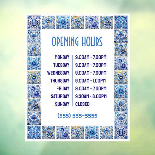Openingsuren Blauwe Mediterraanse Tegels Raamsticker (Vel 3)