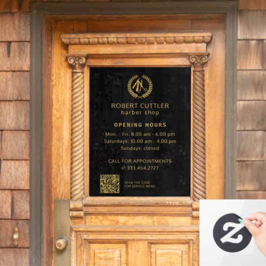 Openingsuren herenkapper goud zwart logo QR CODE Raamsticker (Huis Deur)