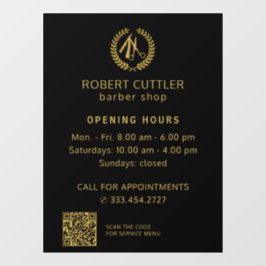 Openingsuren herenkapper goud zwart logo QR CODE Raamsticker
