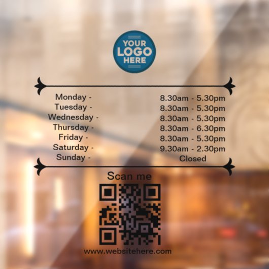 Openingsuren met QR-code aangepast bedrijfslogo  Raamsticker (Vel 2)