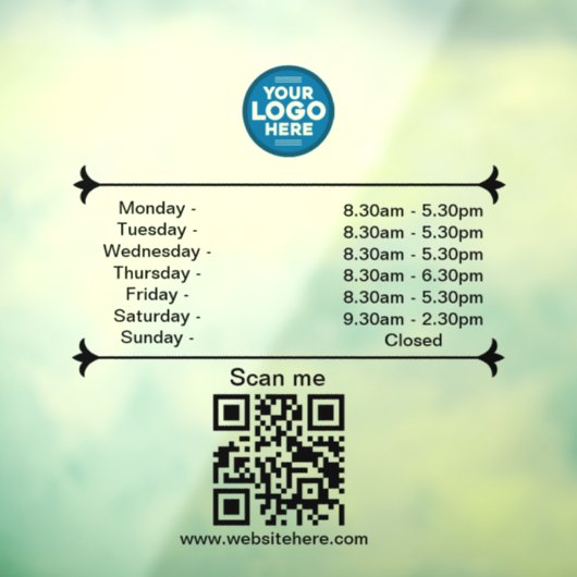 Openingsuren met QR-code aangepast bedrijfslogo  Raamsticker (Vel 3)