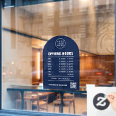 Openingsuren Met Qr Code Logo En Donkerblauwe Boog Raamsticker (Cafe Raam)