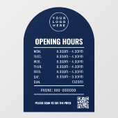 Openingsuren Met Qr Code Logo En Donkerblauwe Boog Raamsticker (Vel)