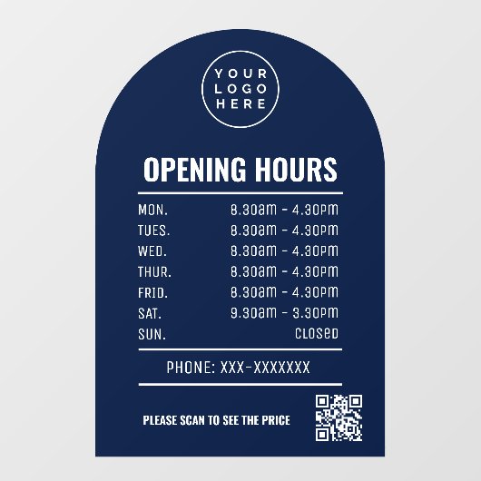 Openingsuren Met Qr Code Logo En Marineblauwe Boog Raamsticker (Vel)