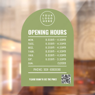 Openingsuren Met Qr Code Logo Sage Groen Boog Raamsticker