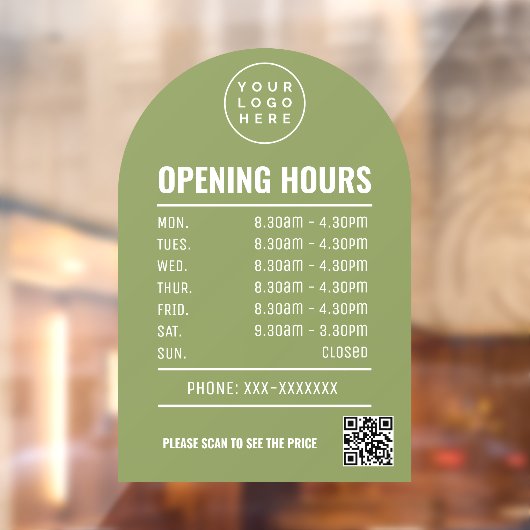 Openingsuren Met Qr Code Logo Sage Groen Boog Raamsticker (Vel 2)