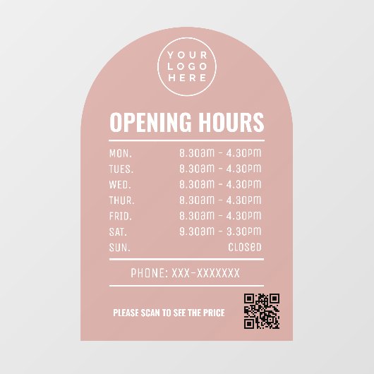 Openingsuren Met Qr Code Logo Stof Roze Boog  Raamsticker (Vel)