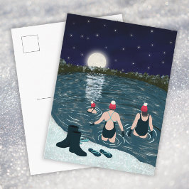 Openwaterzwemmen in een meer met een besneeuwd Ker Feestdagenkaart