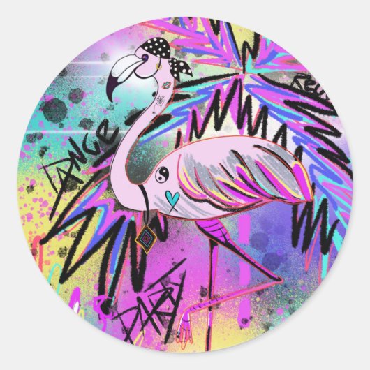 Opgedirkt Flamingo Ronde Sticker (Voorkant)
