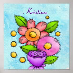 Opgeladen Waterverf Doodle Flower Poster