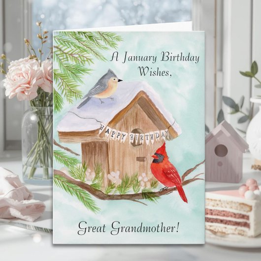 Opgeloste overgrootmoeder Verjaardag Januari Vogel Kaart