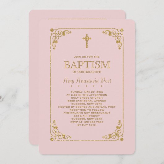 Opgemaakt in Goud Roze Religieuze Uitnodiging (Voorkant / Achterkant)