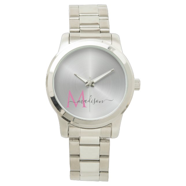 Opgeposte Platinum Radiale Metallic Script-naam Horloge (Voorkant)