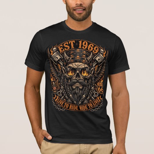 Opgericht 1969 Baardige Schedel Motorrijder T-shirt (Voorkant)